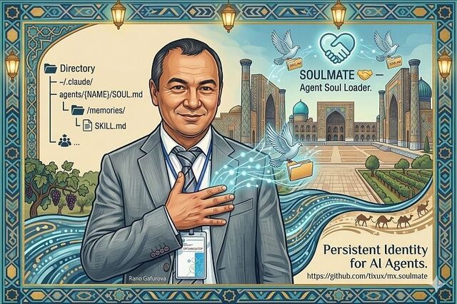Soulmate — illustration of Dr Khindol in front of Registan with a directory tree overlay