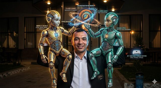From frustration to orchestration — illustration of Dr Khindol with Qwen and Claude robotic agents